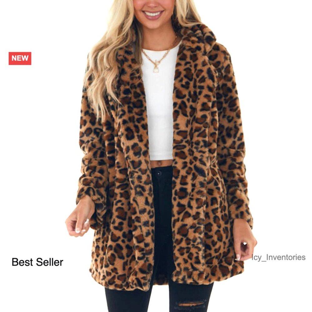 Faux Fur Jacket Leopard Print Oversized Chic Winter Coat with Pockets